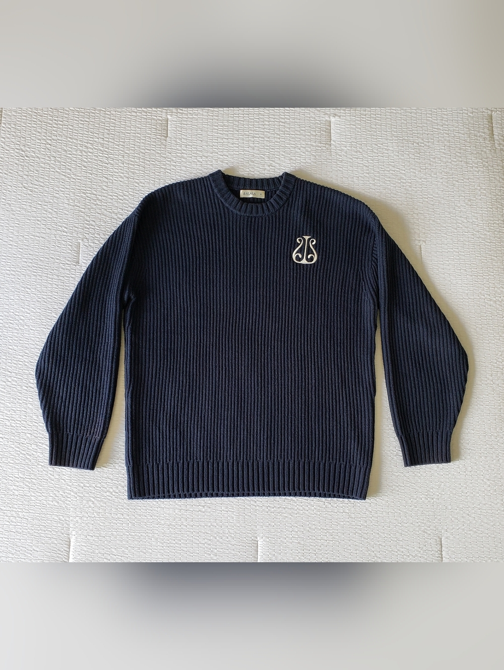 ALALA Women's Crest Ribbed Cotton Blend Crewneck Sweater (S) Navy Blue